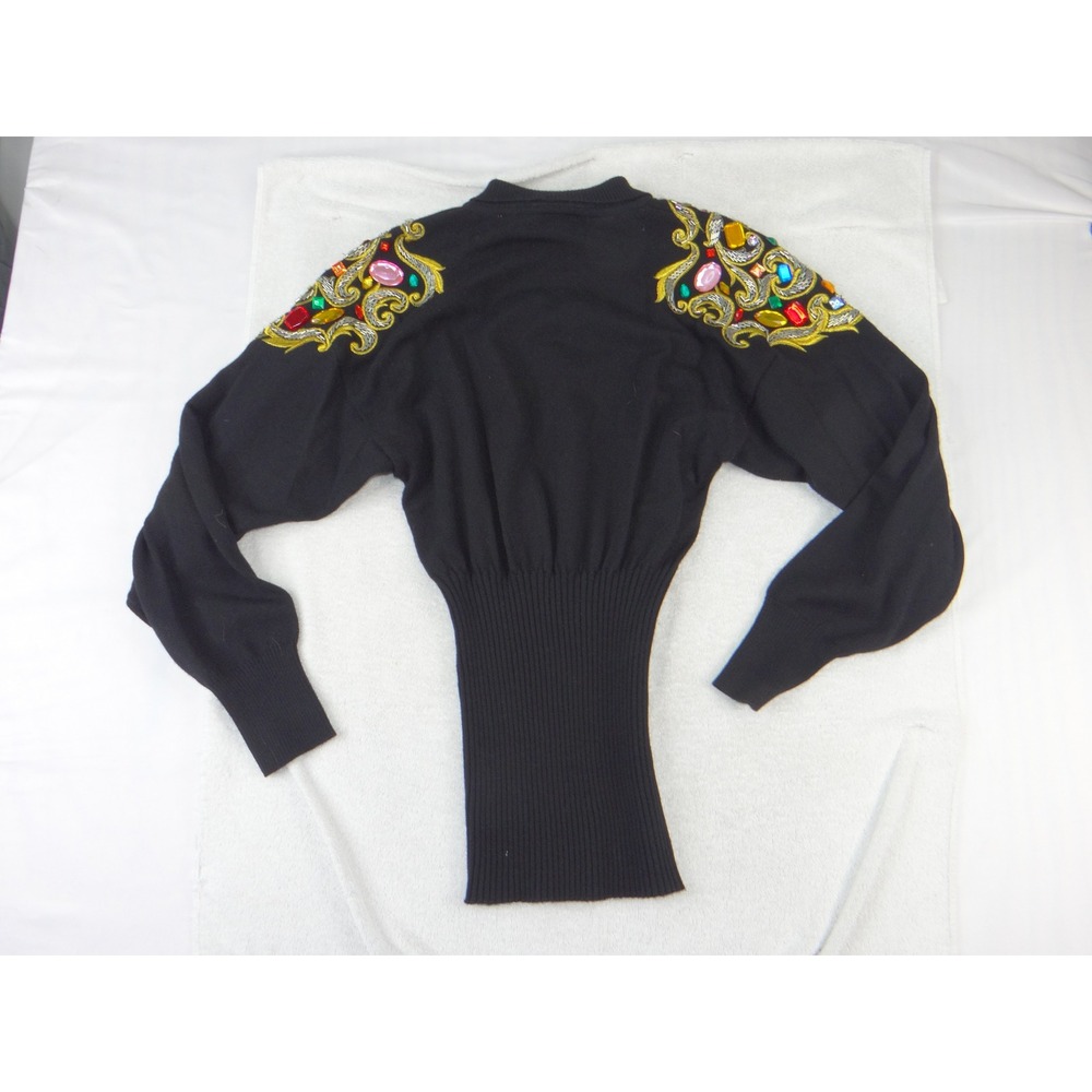 Ann Tjian for Kenar Vintage Black Lambswool Beaded Rhinestone Sweater Medium - Picture 2 of 9